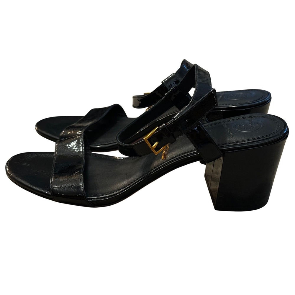 Tory Burch Black Patent Leather Ankle Strap Block Heel Sandals Women's 10M